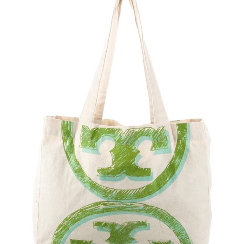 Tory Burch Cream and Green Graphic Tote